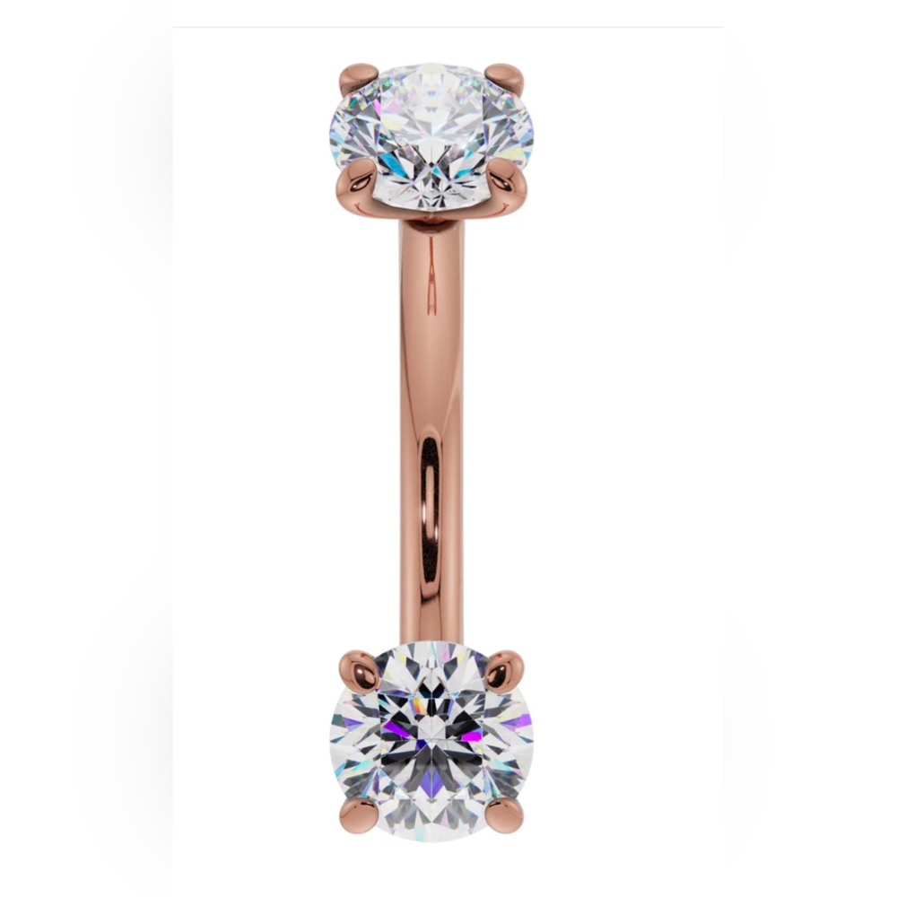 14K Solid Rose Gold Cubic Zirconia Prong-Set Curved Barbell